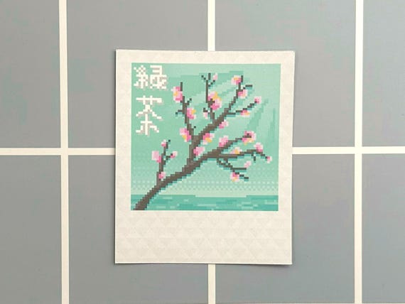 Green Tea Vinyl Sticker, Pixel Art, Vaporwave Sticker, Aesthetic Stickers, Webcore Stickers, Lofi Art, Arizona, Sakura Sticker Vinyl