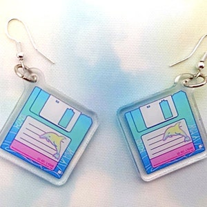 Floppy Disk Earrings, Acrylic Jewellery, Desert Island, Vaporwave, Old Tech, Lofi Art, Dolphin Earrings, Pineapple Gifts, Silver 925