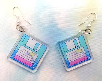 Floppy Disk Earrings, Acrylic Jewellery, Desert Island, Vaporwave, Old Tech, Lofi Art, Dolphin Earrings, Pineapple Gifts, Silver 925