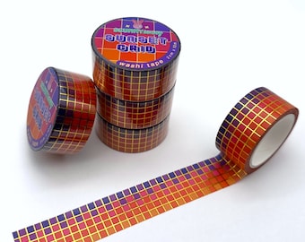 Sunset Grid Washi Tape, Lofi Stationary, Synthwave Pattern, Sunset Sticker, Washi Tape Retro, Geometric Pattern, City Pop Art