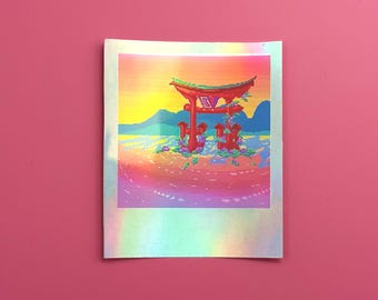 Puede incluir: Una impresión artística pixelada de una puerta torii japonesa sobre un fondo holográfico. La puerta es roja con un techo verde, sobre una colorida escena de puesta de sol y océano. La impresión está sobre un papel rectangular blanco.