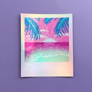 Pink Sunset, Holo Sticker, Pixel Art, Vaporwave Sticker, Aesthetic Stickers, Webcore Stickers, Lofi Art, Beach Art, Holographic Sticker