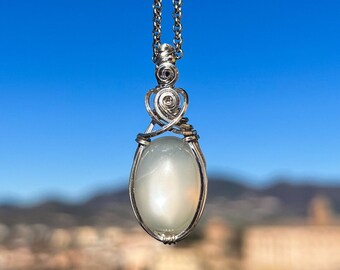 White Moonstone pendant necklace wrapped in 925 sterling silver wire