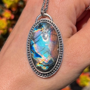 Multicolor Labradorit Kristall Edelstein Anhänger Halskette in 925 Sterling Silber handgefertigt