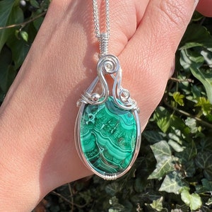 Malachite chrysocolla pendant necklace in sterling silver wire, handcrafted wrapped crystal jewelry