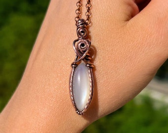 White grey Moonstone pendant necklace wrapped in copper wire