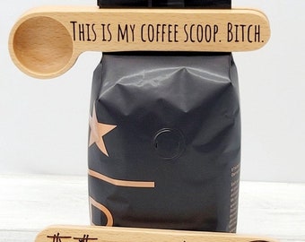 Personalized Beechwood Coffee Scoop Clip: Funny Coffee Lover Gift