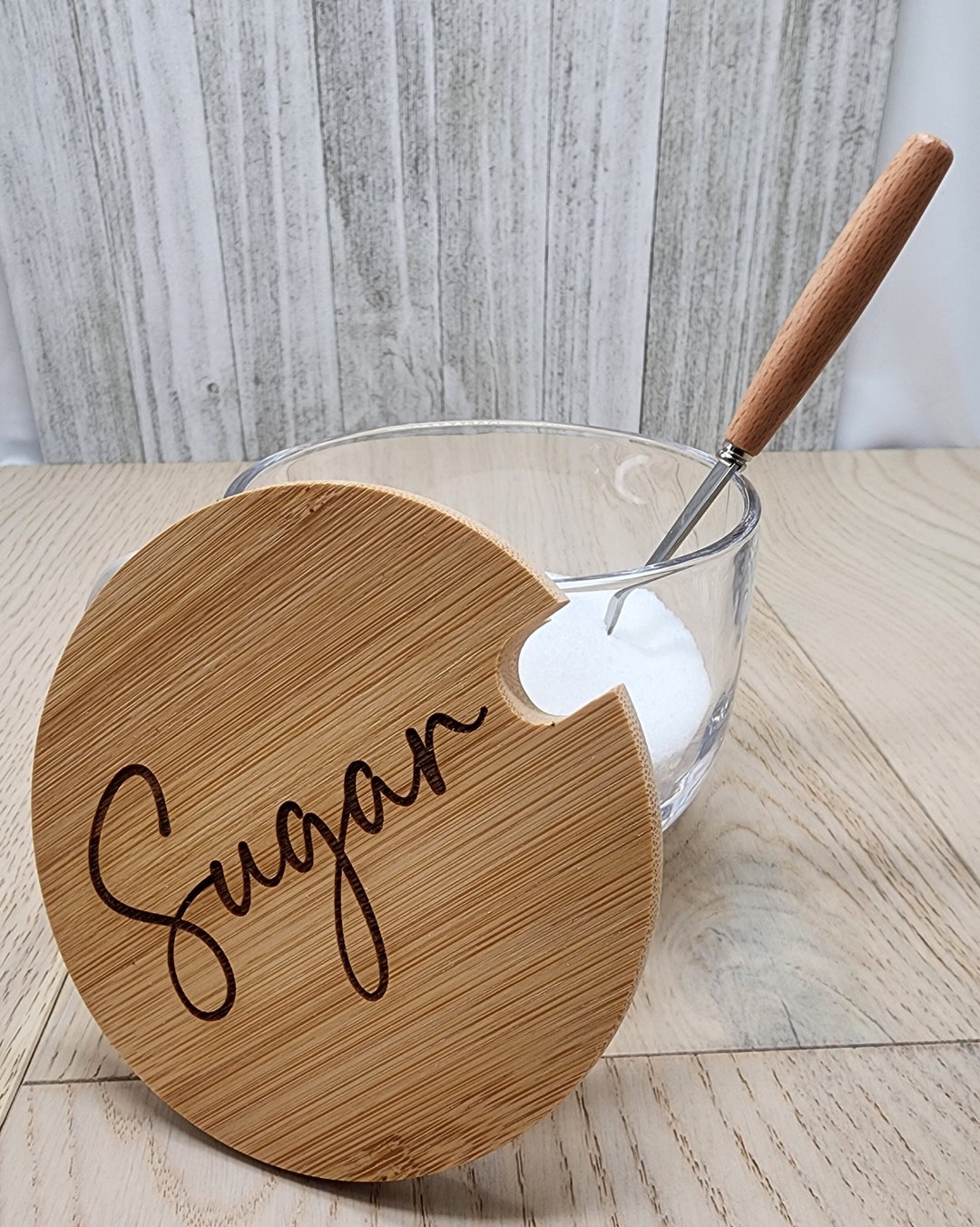 Engraved Bamboo Lid Glass Sugar Bowl with Spoon