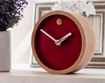 Wooden red small tabletop clock, mantel geometric minimalist clock, aesthetic room decor above bed