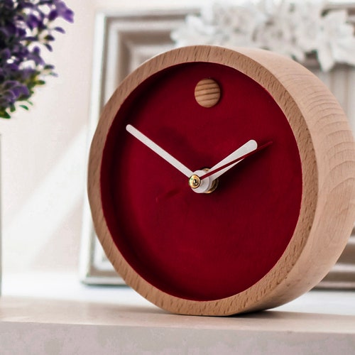Wooden Red Small Tabletop Clock Mantel Geometric Minimalist Etsy