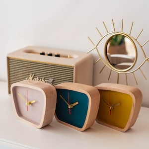 Wooden modern desk clock with gold hour and minute hands - Home aesthetic room decor - Desk modern accessories - Bookshelf decor