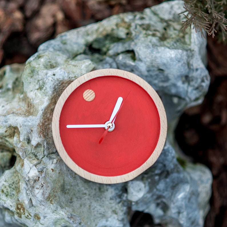 Wooden Red Small Tabletop Clock Mantel Geometric Minimalist Etsy