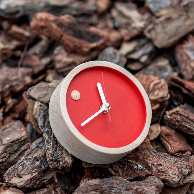 Wooden Red Small Tabletop Clock Mantel Geometric Minimalist Etsy