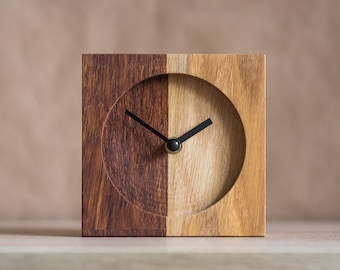 Geometric table decor, modern office home decor, square oak desk clock