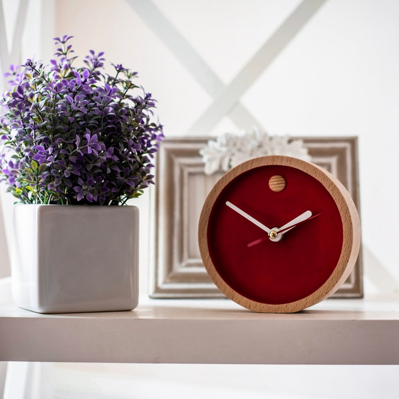 Wooden Red Small Tabletop Clock Mantel Geometric Minimalist Etsy