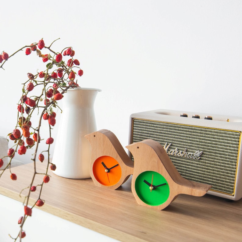 Wood Desk Clock Orange Bird Figurines Wooden No Ticking Table Clock Bird Watcher Gift Small