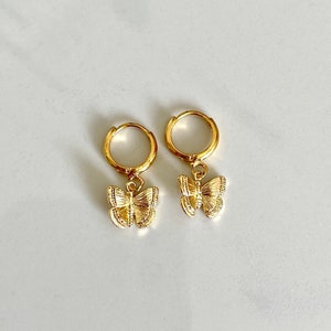 Mariposa Earrings | 14k Gold Plated Butterfly Earrings, Butterfly Hoops, Gold Butterfly Huggies, Dainty Gold Huggie Hoop Lever-Back Earrings
