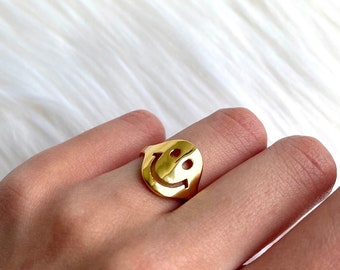Maxi Smiley Face Ring | Gold Plated Smiley Face Adjustable Ring, Happy Face Smile Ring, Open Back Gold Smiley Ring, Smiley face Jewelry