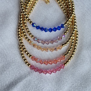 Swarovski Crystal Gold Bead Bracelet | 3mm 18k Gold Plated Ball Bead Bracelet, Gold Bead Bracelet with colored bicone crystal accents