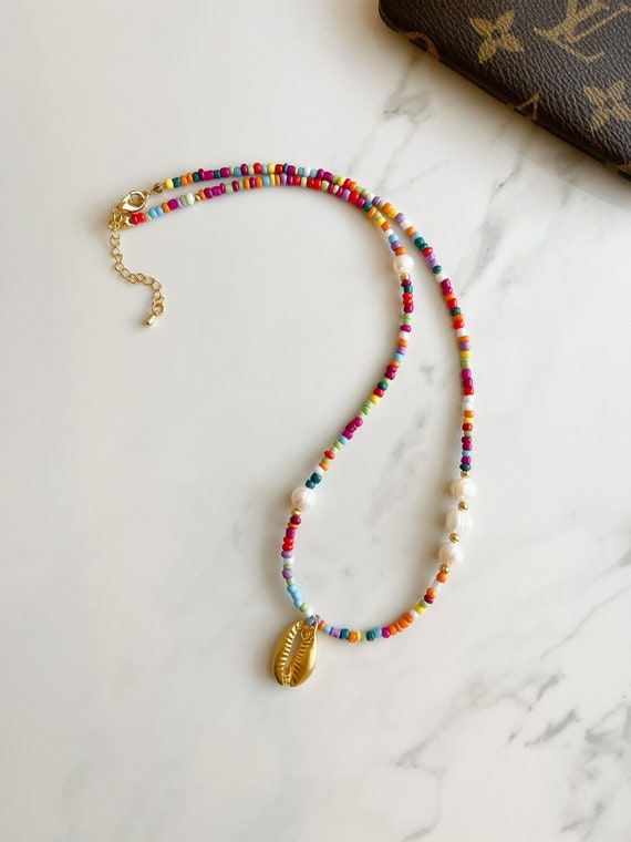 Lagos Necklace Multicolor Bead Necklace W/ Gold Cowrie Shell 