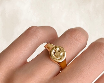Smiley Face Ring | Smile Ring, Happy Face Ring, Adjustable Back Ring, Gold Plated Ring, Adjustable Ring, Gold Smiley Ring, Gift for Her