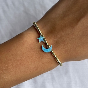Opal Celestial Gold Ball Bracelet | Opal Moon and Star Gold around Ball Bracelet, Light Blue Opal Celestial Charm Gold Stack Bracelet