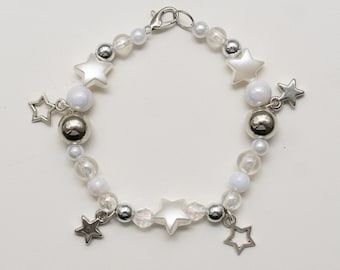 star girl bracelet, chrome silver white stars, charms, dangling