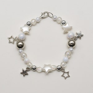 star girl bracelet, chrome silver white stars, charms, dangling