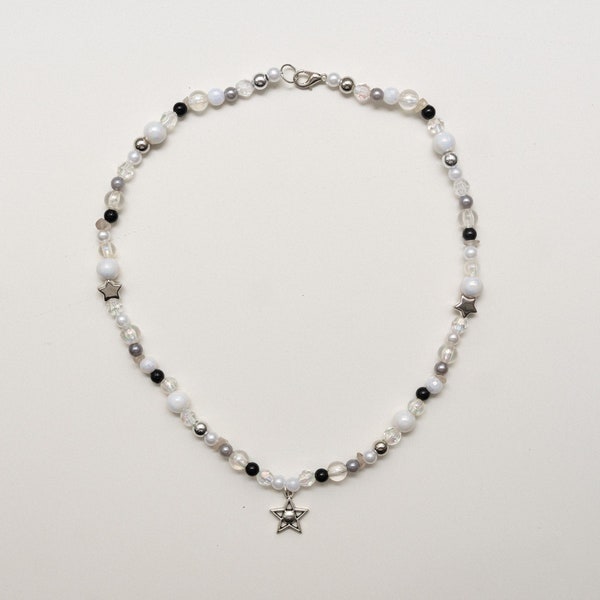 star necklace / chrome black silver white, crystal