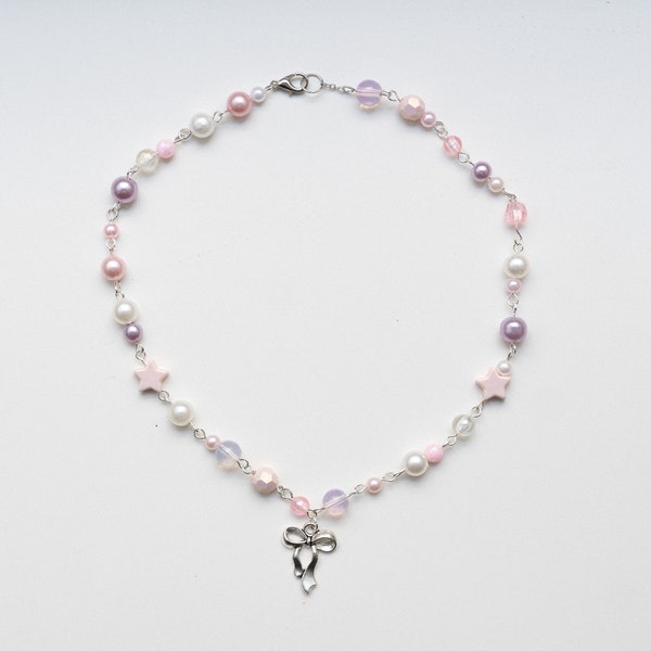 doll star necklace / aesthetic silver ribbon charm, beaded pink, light purple, star, coquette dollette