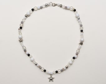 star necklace / chrome black silver white, crystal