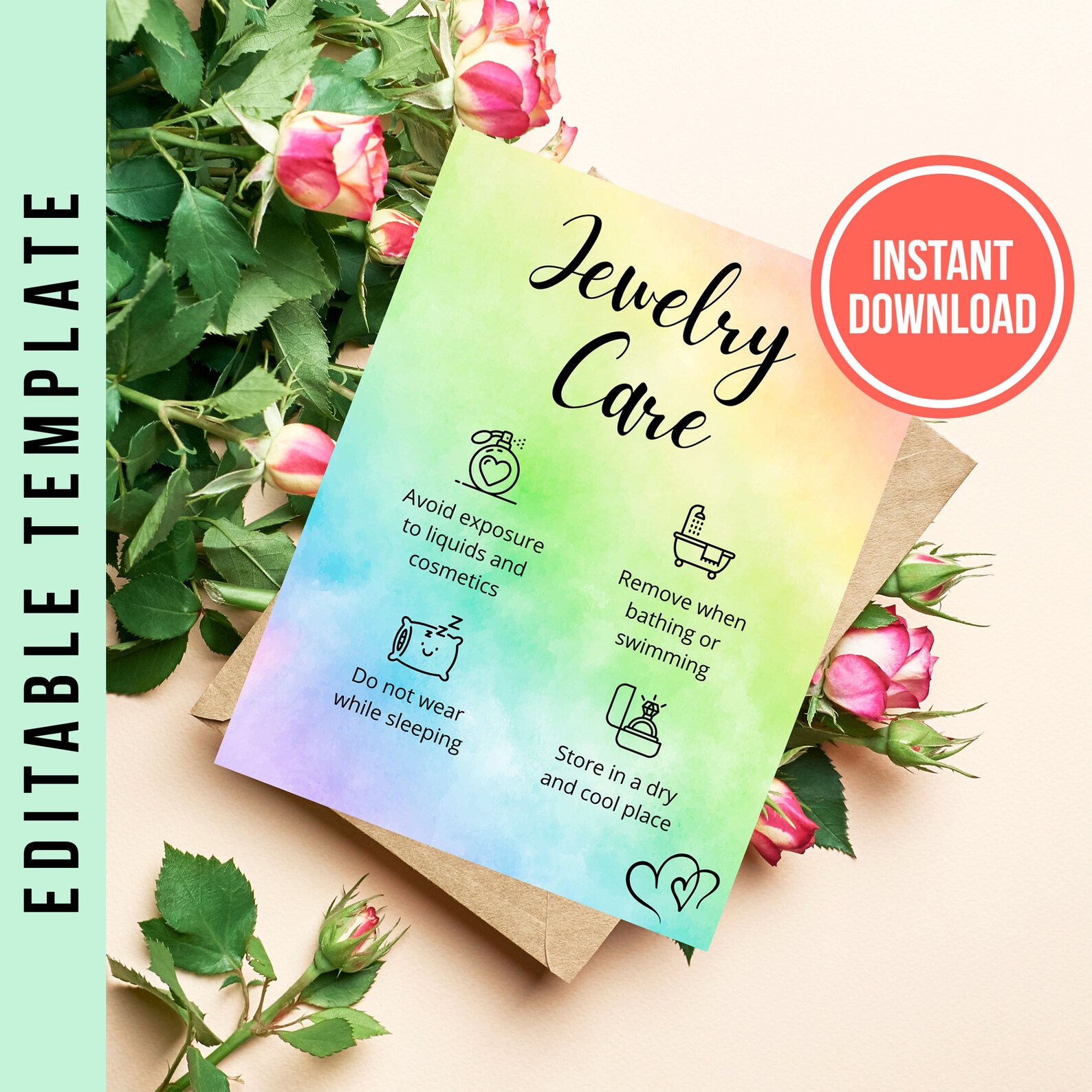 Editable Jewelry care card guide Rainbow Jewelry care card | Etsy