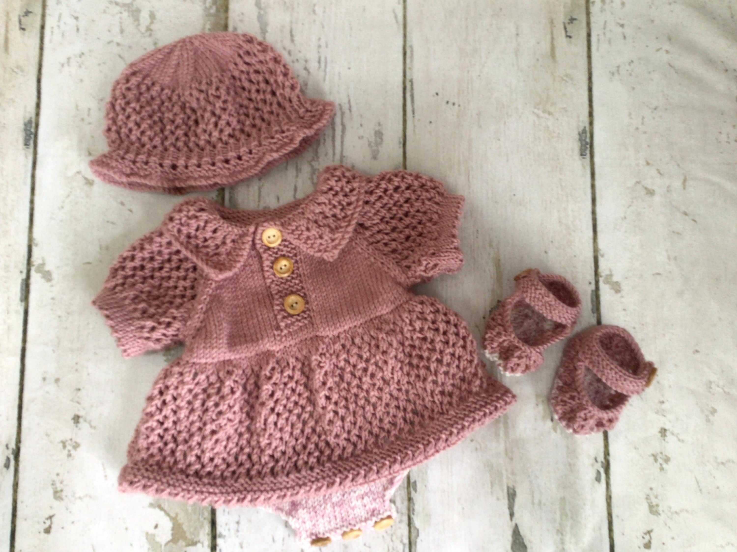 Hand Knitted Romper Dress, Sun Hat and shoes.  For 0-3 Baby , or a 21-22” Reborn Doll.