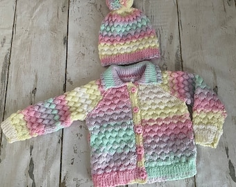 Hand knitted Spring Cardigan and Hat set. Size 9-18 Months