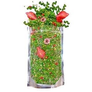 May include: A clear stand-up pouch filled with a sensory mix of green-dyed rice, green spiral pasta, pink and red shell-shaped pasta, and small flower-shaped sprinkles. The mixture overflows from the top of the bag with additional pasta pieces.