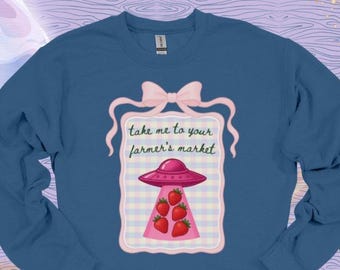 Farmer's Market UFO Shirt, Cottagecore Alien Fruit Tee, Pink Strawberry Saucer Sweatshirt, Summer Picnic