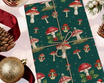 Cottagecore Mushroom Christmas Wrapping Paper, Red and Green Mushroom Holiday Gift Wrap