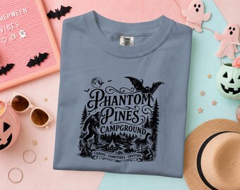Cryptid Camping Shirt, Phantom Pines Ghost Tee, Spooky Campground Souvenir, Vintage Summerween Gift, Haunted Forest Cabin Top