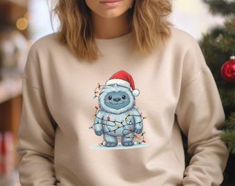 Cute Christmas Yeti Sweatshirt, Sasquatch Santa Sweater, Bigfoot Wrapped in Holiday Lights, Ugly Christmas Shirt, Cryptid Lover Gift