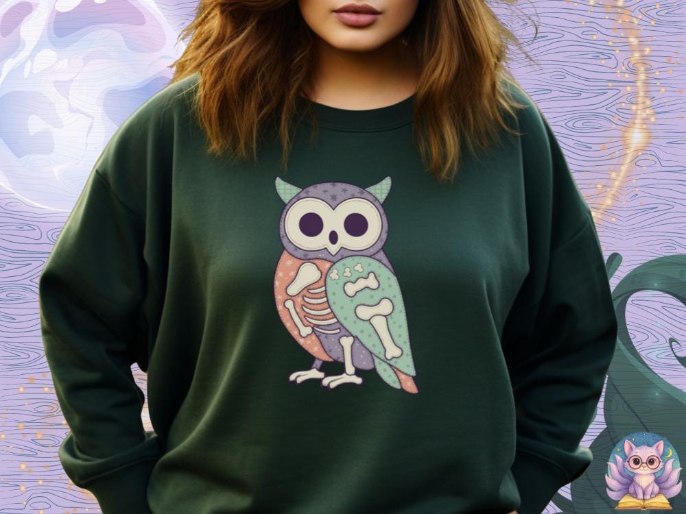 Pastel Patchwork Owl Skeleton Sweatshirt Halloween Pullover