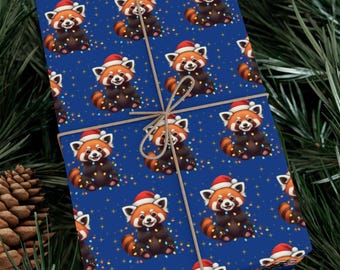 Red Panda Christmas  Wrapping Paper, Wrapped in Christmas Lights, Holiday Gift Wrap, Festive Gift Wrap, Christmas Coffee Packaging