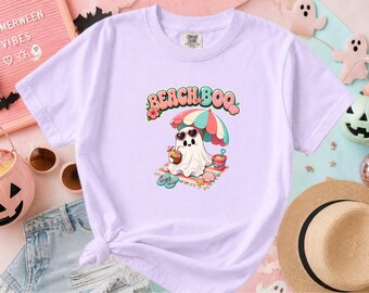 Summerween Shirt, Cute Ghost Beach Umbrella Design, Pastel Coastal Halloween Vacation Tee, Kawaii Spooky Seaside Holiday Top