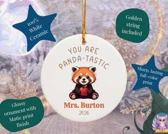Panda-tastic Red Panda Teacher Ornament, personalized teacher appreciation gift, cute classroom keepsake