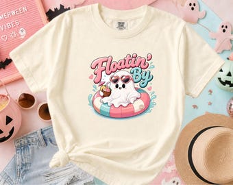 Summerween Ghost Pool Shirt, Floatin By Tee, Spooky Cute Pastel Apparel, Beach Vacation Spirit Top, Holiday Casual Wear, Creepy Cute Gift