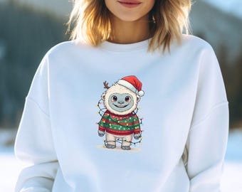 Adorable Christmas Yeti Sweatshirt, Sasquatch Santa Sweater, Bigfoot Wrapped in Holiday Lights, Ugly Christmas Shirt, Cryptid Lover Gift