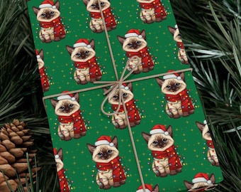 Green Christmas Siamese Cat Wrapping Paper, Kitten and Christmas Lights, Holiday Gift Wrap, Festive Gift Wrap, Christmas Cat Gift Packaging