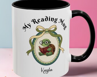 Cute Turtle Reading Mug, cozy book lover coffee cup, Tortoise gift
