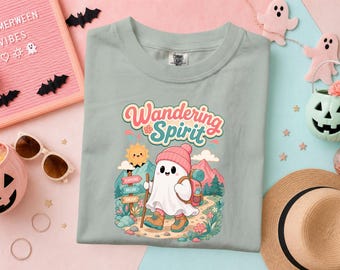 Hiking Ghost Shirt, Wandering Spirit tee, cute spooky outdoors t-shirt, summerween trail gift, pastel paranormal apparel