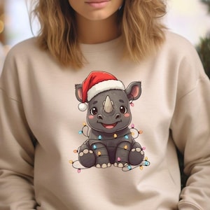 Baby Rhino Christmas Sweatshirt, Rhinoceros Santa Sweater, Wrapped in Holiday Lights, Ugly Christmas Shirt, Animal Lover Gift