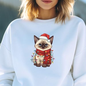 Cute Siamese Cat Christmas Sweatshirt, Kitten Santa Sweater, Wrapped in Holiday Lights, Ugly Christmas Shirt, Animal Lover Gift